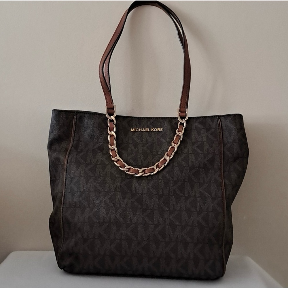 Michael Kors Handbag Brown Signature Harper Large Tote Logo Gold Chain
